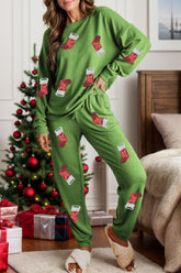 Sequin Socks Round Neck Long Sleeve Top and Pants Lounge Set Matcha Green OutfitFlow
